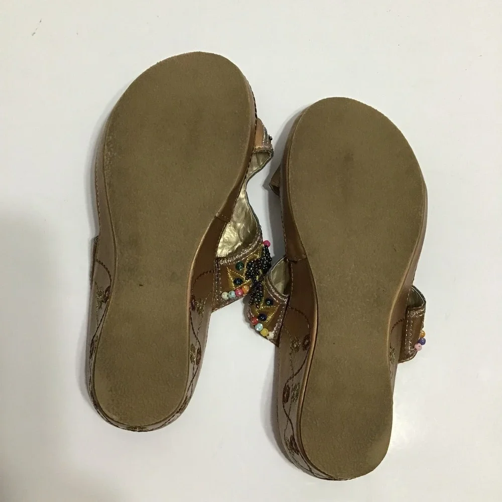 John Fashion Bronze Beaded Wedge Sandal Boho T-Strap Flip Flop Multi Color Beads